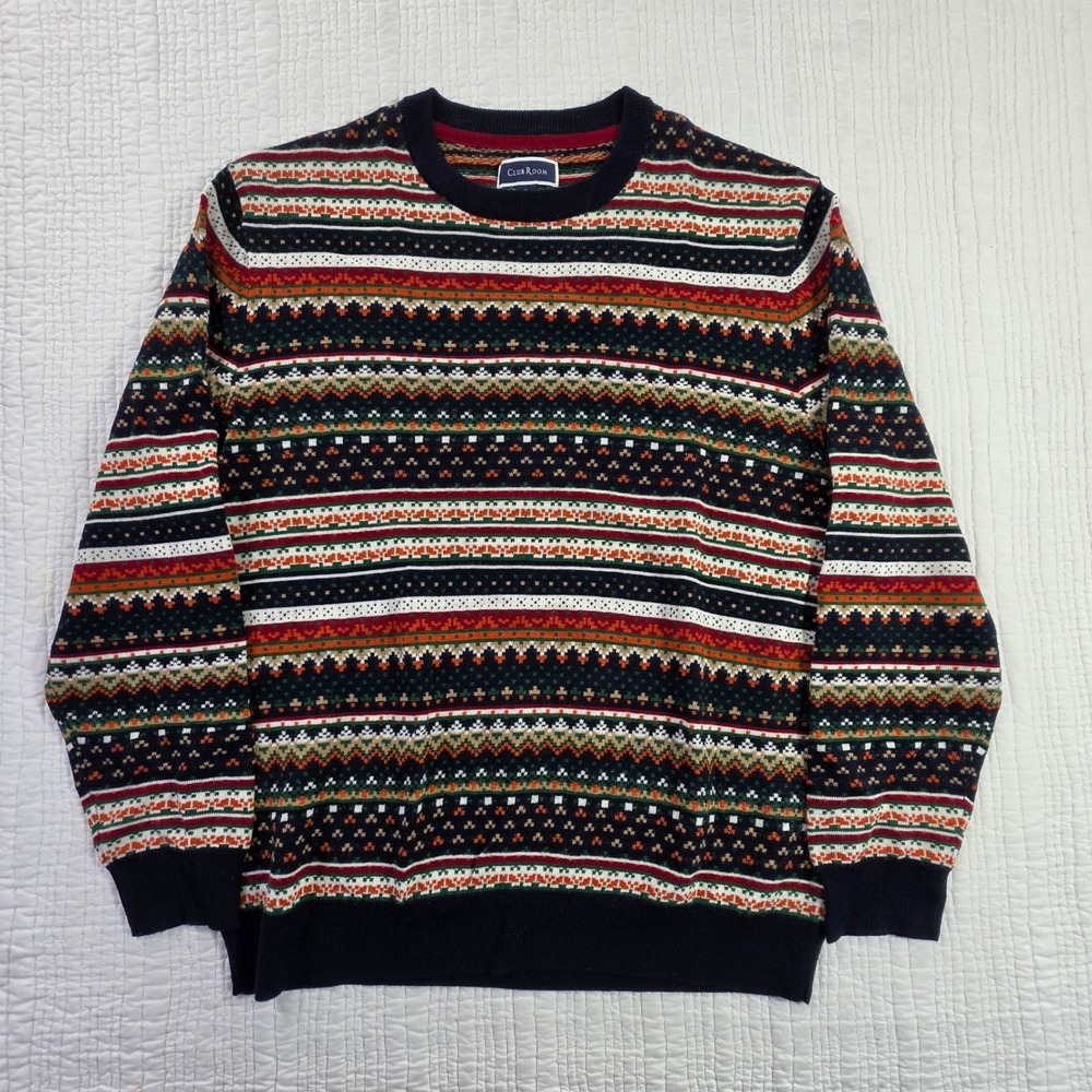 Club Room Mens Fair Isle Merino Wool Blend Crew Neck Sweater Multicolor EUC L